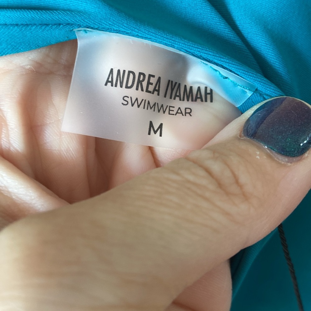 New Andrea Iyamah One Piece Swimsuit M Teal Cutout Deep V Long Sleeve Resort - Picture 7 of 9